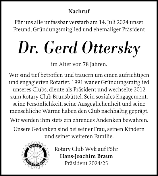 Traueranzeige von Gerd Ottersky von Der Insel-Bote