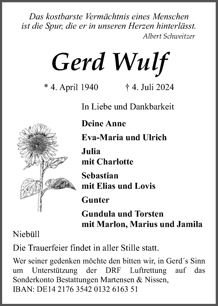  Traueranzeige für Gerd Wulf vom 13.07.2024 aus Husumer Nachrichten, Nordfriesland Tageblatt