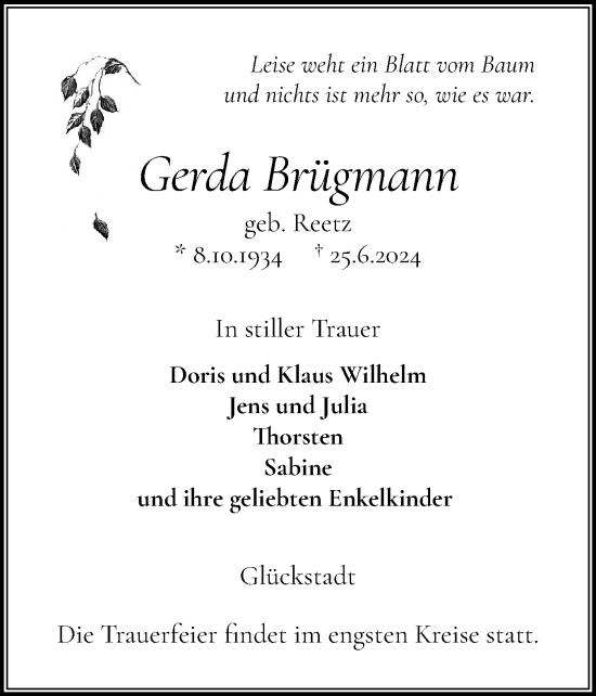 Traueranzeige von Gerda Brügmann von Norddeutsche Rundschau, Wilstersche Zeitung, Glückstädter Fortuna