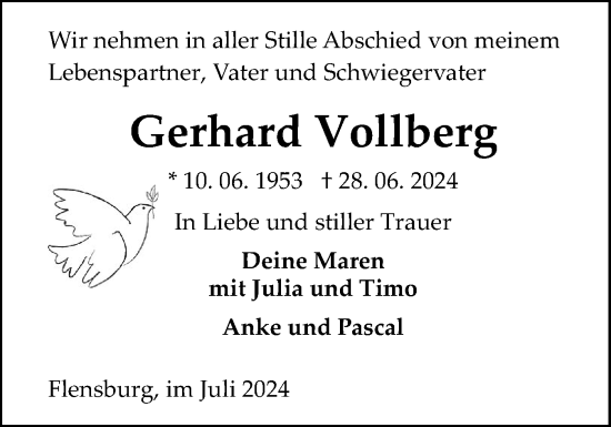 Traueranzeige von Gerhard Vollberg von Flensburger Tageblatt