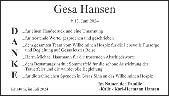 Traueranzeige von Gesa Hansen von Husumer Nachrichten, Nordfriesland Tageblatt