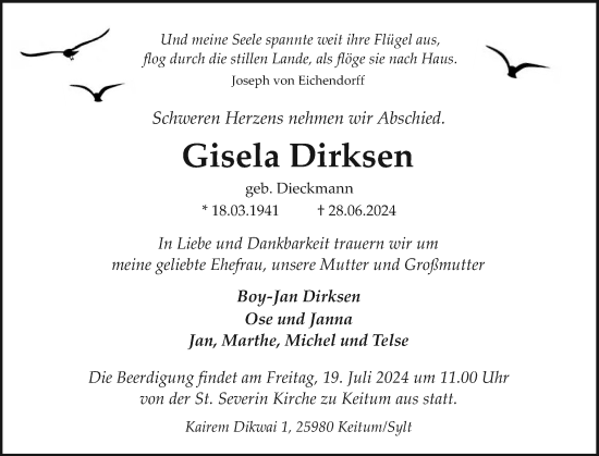 Traueranzeige von Gisela Dirksen von Sylter Rundschau