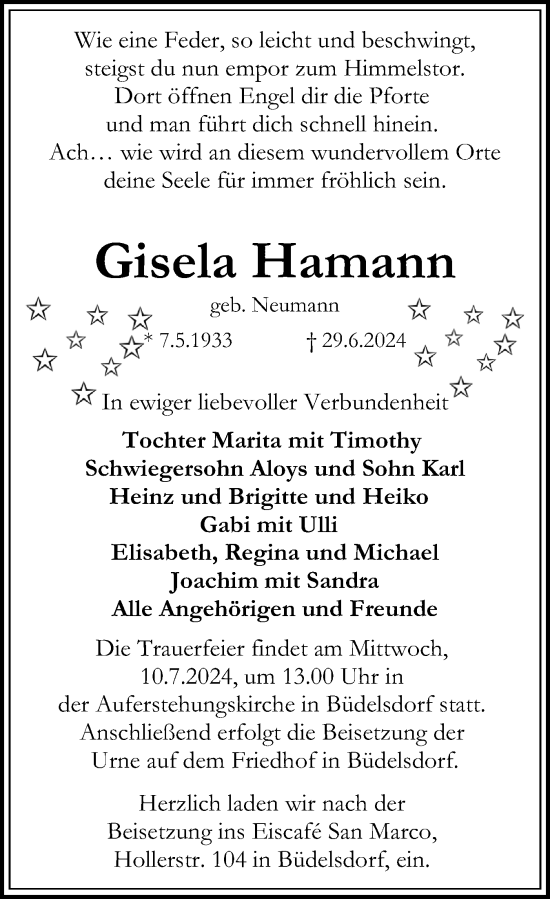 Traueranzeige von Gisela Hamann von Eckernförder Zeitung
