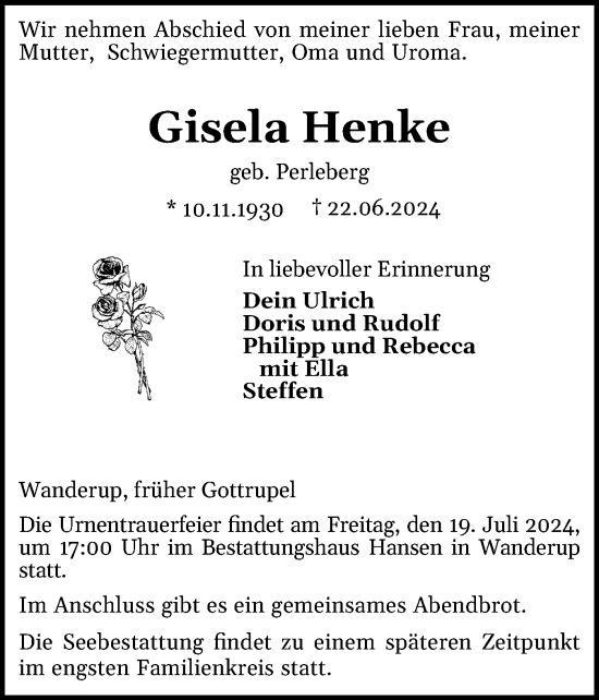 Traueranzeige von Gisela Henke von Flensburger Tageblatt