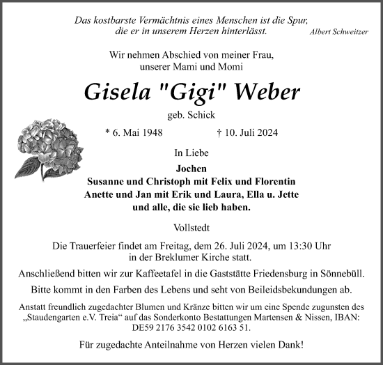 Traueranzeige von Gisela Weber von Husumer Nachrichten, Nordfriesland Tageblatt