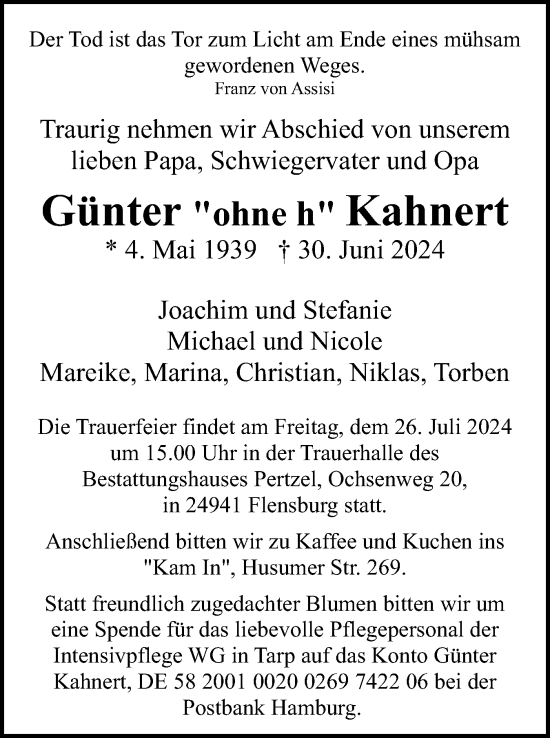 Traueranzeige von Günter Kahnert von Flensburger Tageblatt