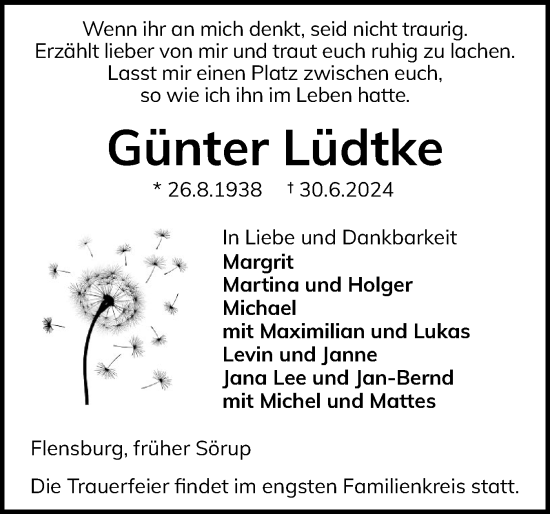 Traueranzeige von Günter Lüdtke von Flensburger Tageblatt