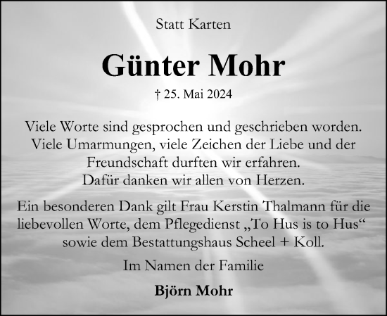 Traueranzeige von Günter Mohr von Eckernförder Zeitung, Hallo Eckernförde