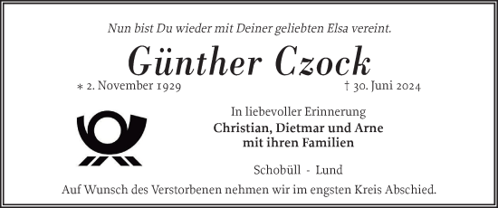 Traueranzeige von Günther Czock von Husumer Nachrichten, Nordfriesland Tageblatt