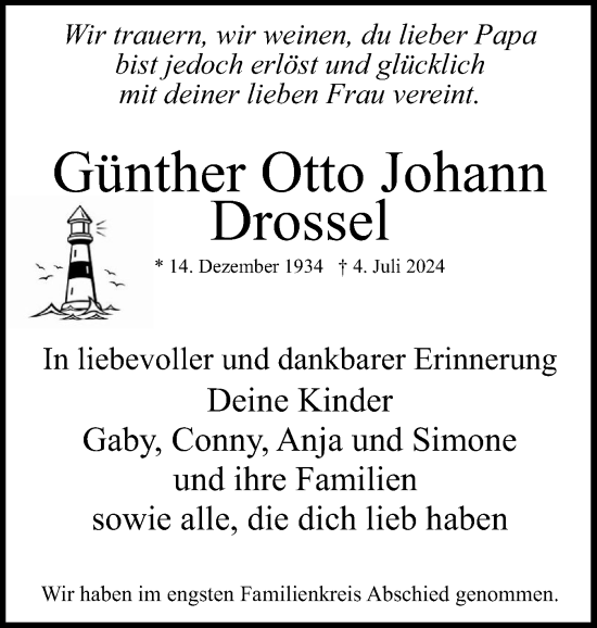 Traueranzeige von Günther Otto Johann Drossel von Uetersener Nachrichten, Der tip am Wochenende