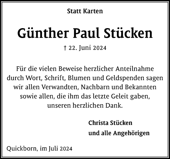 Traueranzeige von Günther Paul Stücken von Region Pinneberg und tip Pinneberg