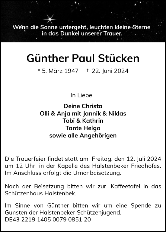 Traueranzeige von Günther Paul Stücken von Region Pinneberg und tip Pinneberg