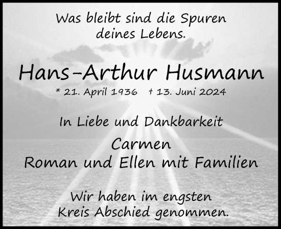 Traueranzeige von Hans-Arthur Husmann von Uetersener Nachrichten, Der tip am Wochenende