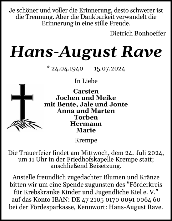 Traueranzeige von Hans-August Rave von Norddeutsche Rundschau, Wilstersche Zeitung, Glückstädter Fortuna