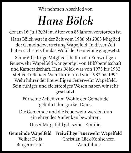 Traueranzeige von Hans Bölck von Schleswig-Holsteinische Landeszeitung