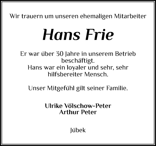 Traueranzeige von Hans Frie von Schleswiger Nachrichten, Schlei-Bote