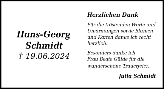 Traueranzeige von Hans-Georg Schmidt von Stormaner Tageblatt