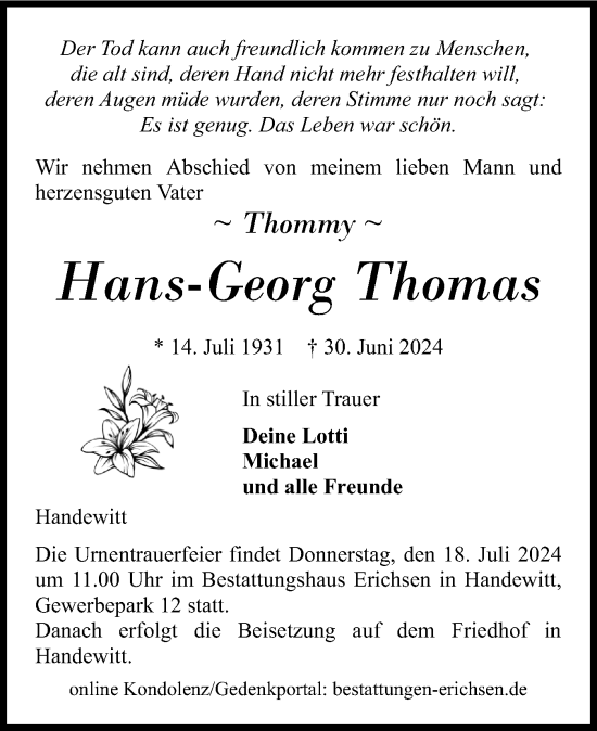 Traueranzeige von Hans-Georg Thomas von Flensburger Tageblatt