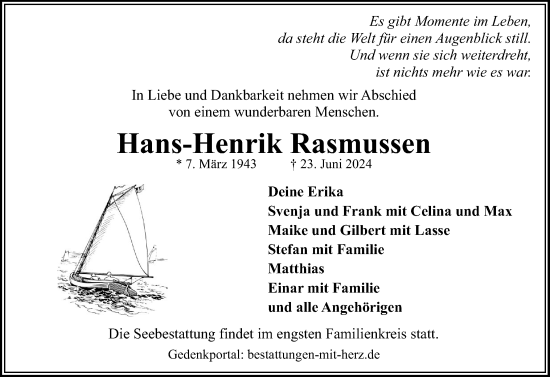 Traueranzeige von Hans-Henrik Rasmussen von Flensburger Tageblatt