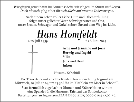 Traueranzeige von Hans Homfeldt von Husumer Nachrichten, Nordfriesland Tageblatt