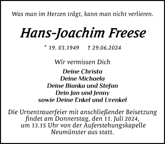 Traueranzeige von Hans-Joachim Freese von Holsteinischer Courier