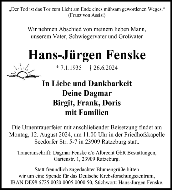 Traueranzeige von Hans-Jürgen Fenske von Flensburger Tageblatt