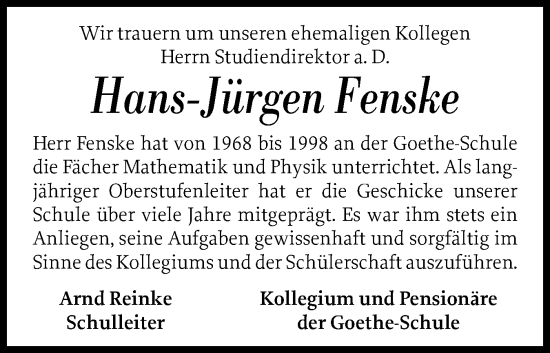 Traueranzeige von Hans-Jürgen Fenske von Flensburger Tageblatt