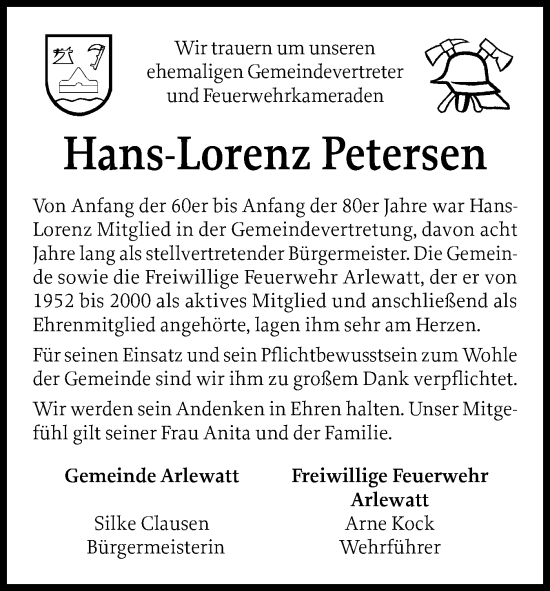 Traueranzeige von Hans-Lorenz Petersen von Husumer Nachrichten, Nordfriesland Tageblatt