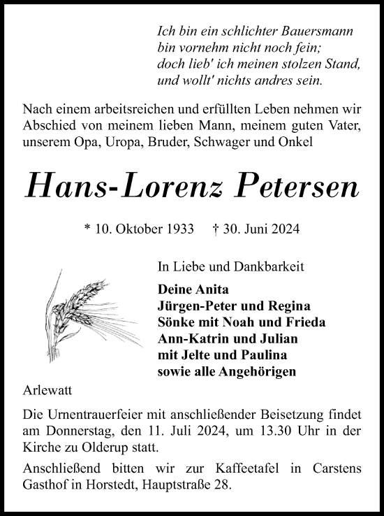 Traueranzeige von Hans-Lorenz Petersen von Husumer Nachrichten, Nordfriesland Tageblatt
