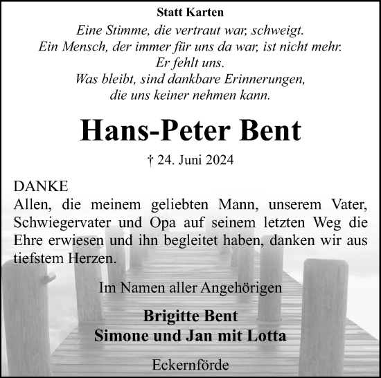 Traueranzeige von Hans-Peter Bent von Eckernförder Zeitung, Hallo Eckernförde