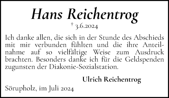 Traueranzeige von Hans Reichentrog von Flensburger Tageblatt