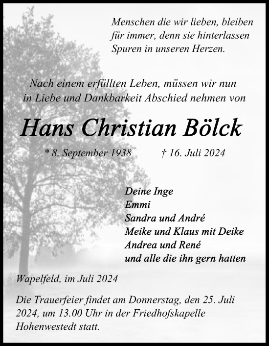 Traueranzeige von Hans Christian Bölck von Schleswig-Holsteinische Landeszeitung