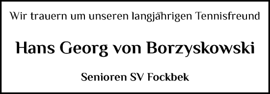 Traueranzeige von Hans Georg von Borzyskowski von Schleswig-Holsteinische Landeszeitung