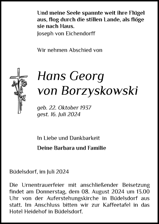 Traueranzeige von Hans Georg von Borzyskowski von Schleswig-Holsteinische Landeszeitung