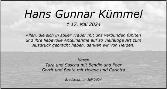 Traueranzeige von Hans Gunnar Kümmel von Husumer Nachrichten, Nordfriesland Tageblatt