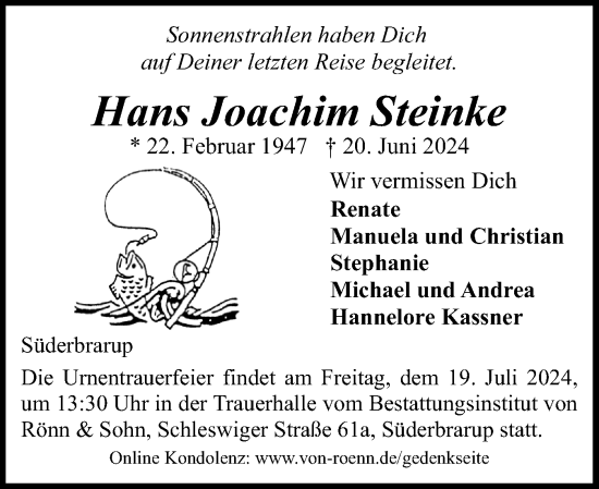 Traueranzeige von Hans Joachim Steinke von Schleswiger Nachrichten, Schlei-Bote