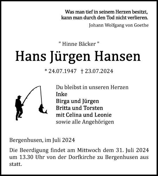 Traueranzeige von Hans Jürgen Hansen von Schleswig-Holsteinische Landeszeitung