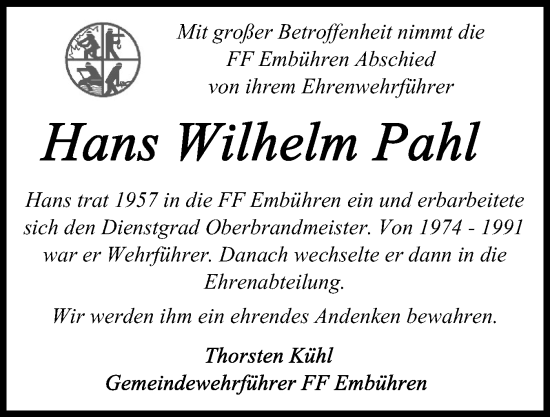 Traueranzeige von Hans Wilhelm Pahl von Schleswig-Holsteinische Landeszeitung