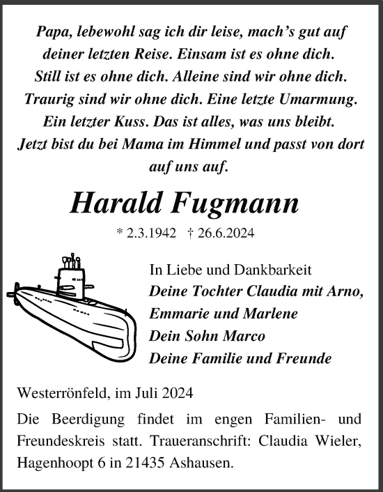 Traueranzeige von Harald Fugmann von Schleswig-Holsteinische Landeszeitung