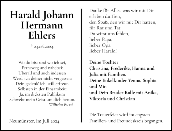 Traueranzeige von Harald Johann Hermann Ehlers von Holsteinischer Courier