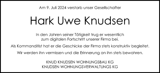 Traueranzeige von Hark Uwe Knudsen von Schleswig-Holsteinische Landeszeitung