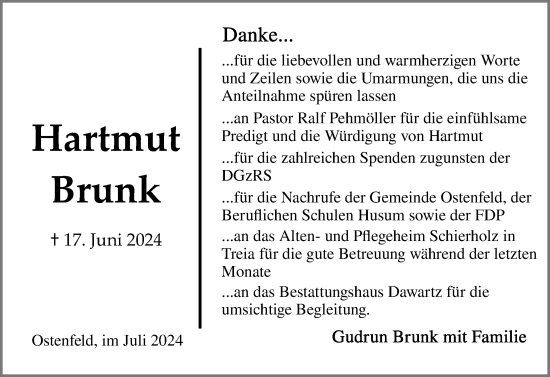 Traueranzeige von Hartmut Brunk von Husumer Nachrichten, Nordfriesland Tageblatt