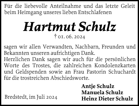 Traueranzeige von Hartmut Schulz von Husumer Nachrichten, Nordfriesland Tageblatt