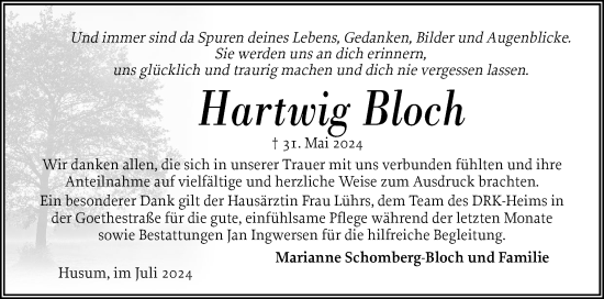 Traueranzeige von Hartwig Bloch von Husumer Nachrichten, Nordfriesland Tageblatt