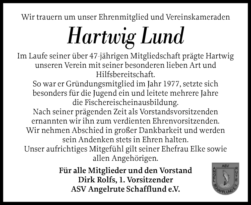  Traueranzeige für Hartwig Lund vom 23.07.2024 aus Flensburger Tageblatt