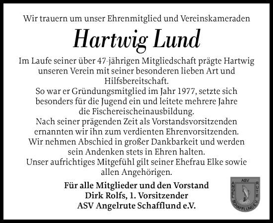 Traueranzeige von Hartwig Lund von Flensburger Tageblatt