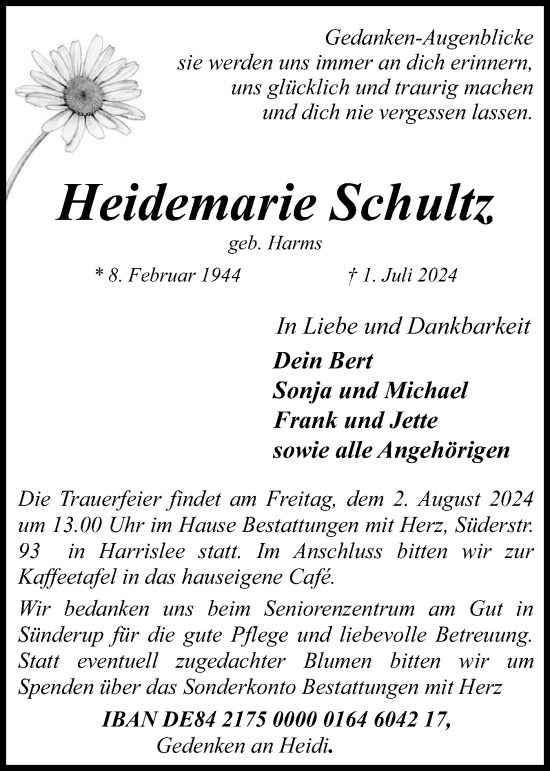 Traueranzeige von Heidemarie Schultz von Flensburger Tageblatt