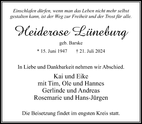 Traueranzeige von Heiderose Lüneburg von Stormaner Tageblatt