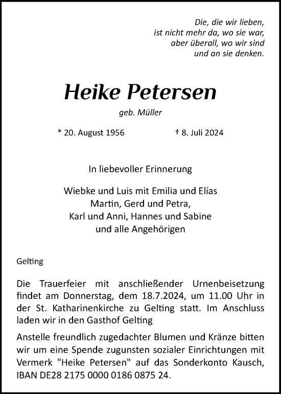 Traueranzeige von Heike Petersen von Flensburger Tageblatt, Schleswiger Nachrichten, Schlei-Bote