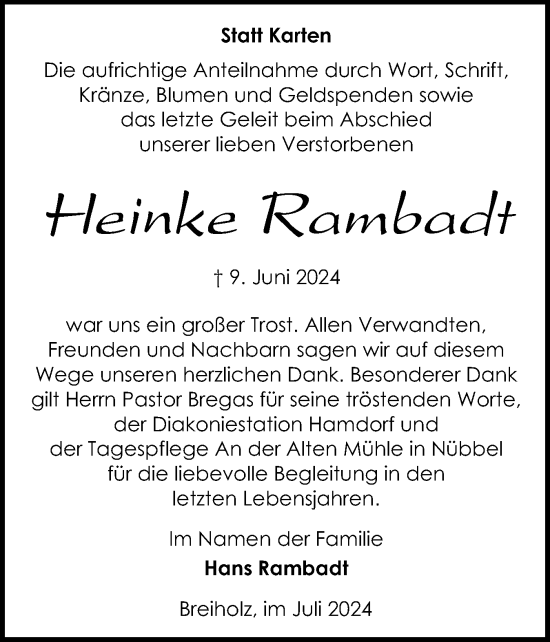 Traueranzeige von Heinke Rambadt von Schleswig-Holsteinische Landeszeitung